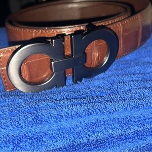 Salvatore Ferragamo Brown Leather Belt with  Gun Metal Buckle